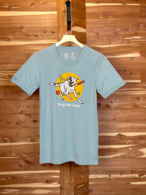 Dusty Blue unisex Bella Canvas graphic tee shirt of happy dog playing with a ball