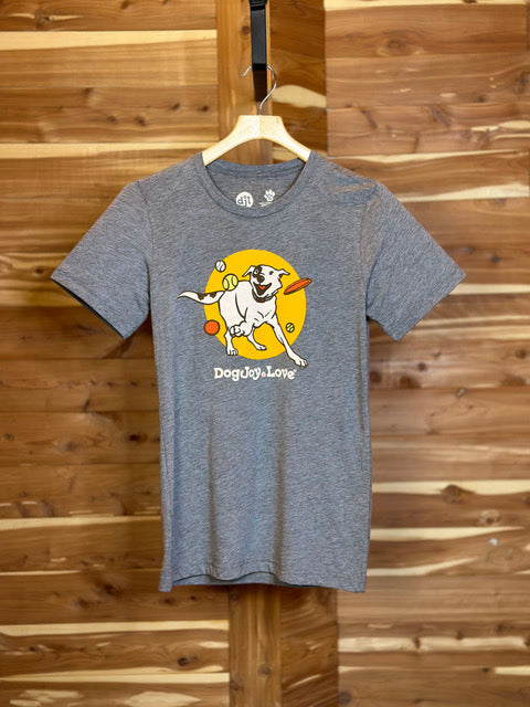 Heather gray unisex Bella Canvas graphic tee shirt of happy dog playing with a ball