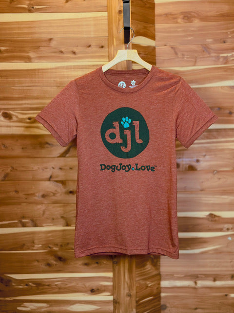 Clay-colored unisex Bella Canvas graphic tee shirt for dog lovers with the DogJoy.Love logo