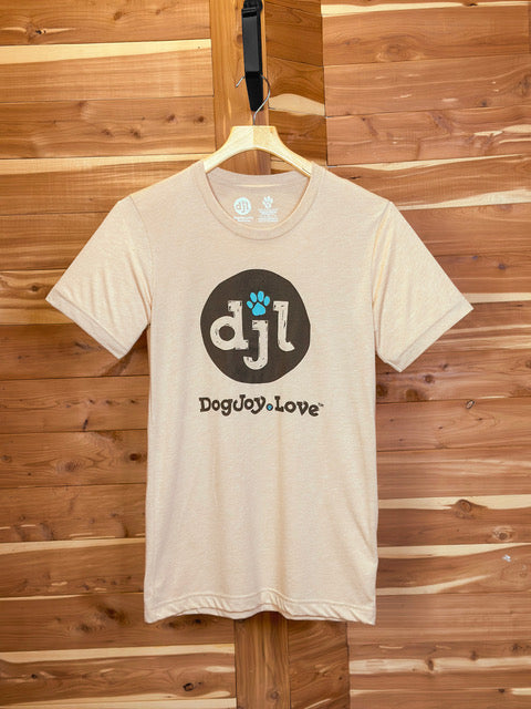 Cream-colored unisex Bella Canvas graphic tee shirt for dog lovers with the DogJoy.Love logo