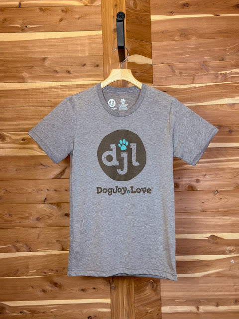 Heather Grey unisex Bella Canvas graphic tee shirt for dog lovers with the DogJoy.Love logo