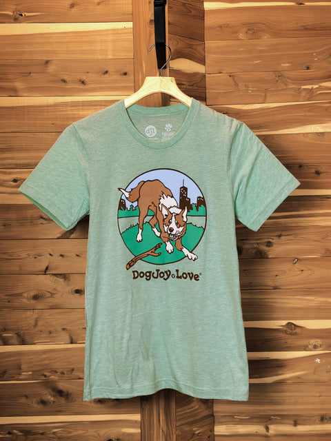 Heather Prism colored unisex Bella Canvas graphic tee shirt of happy dog playing in the park