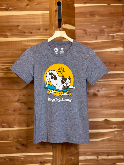 Heather gray unisex Bella Canvas graphic tee shirt  of happy dog skateboarding