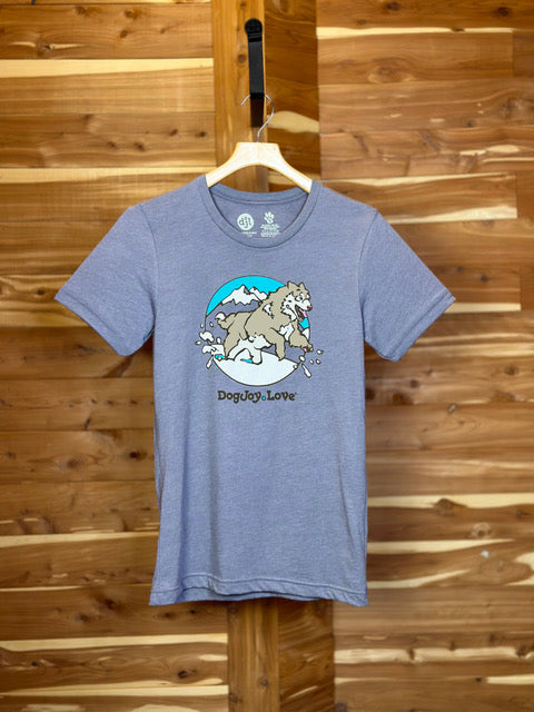 Heather Storm Grey unisex Bella Canvas graphic tee shirt of happy dog playing in the snow