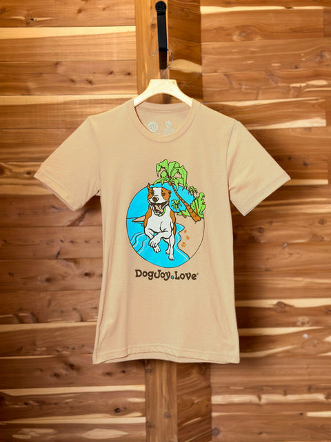 Heather Sand Dune colored unisex Bella Canvas graphic tee shirt of happy dog running down the beach