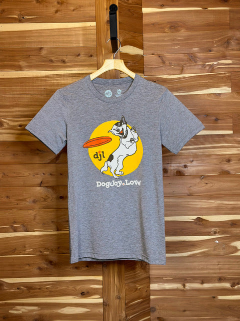 Heather gray unisex Bella Canvas graphic tee shirt  of happy dog catching a frisbee