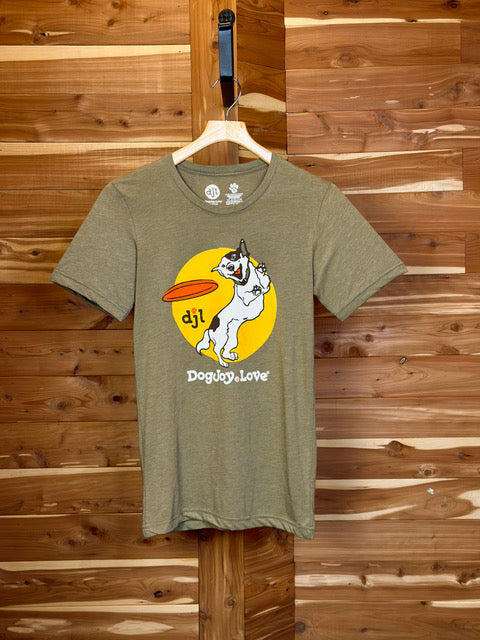 Olive green unisex Bella Canvas graphic tee shirt  of happy dog catching a frisbee