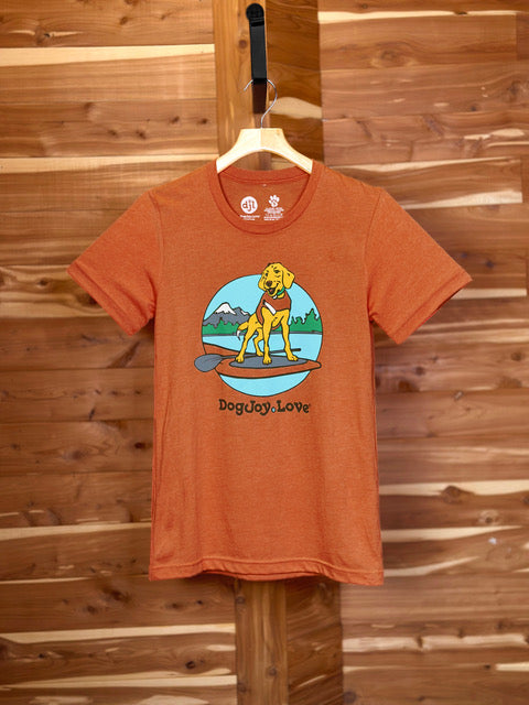 Heather orange unisex  Bella Canvas graphic tee shirt of happy dog on a paddle board