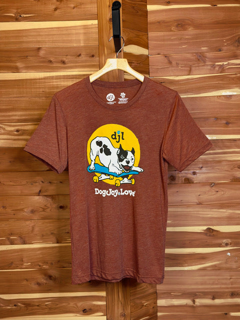 Clay-colored unisex  Bella Canvas graphic tee shirt  of happy dog skateboarding